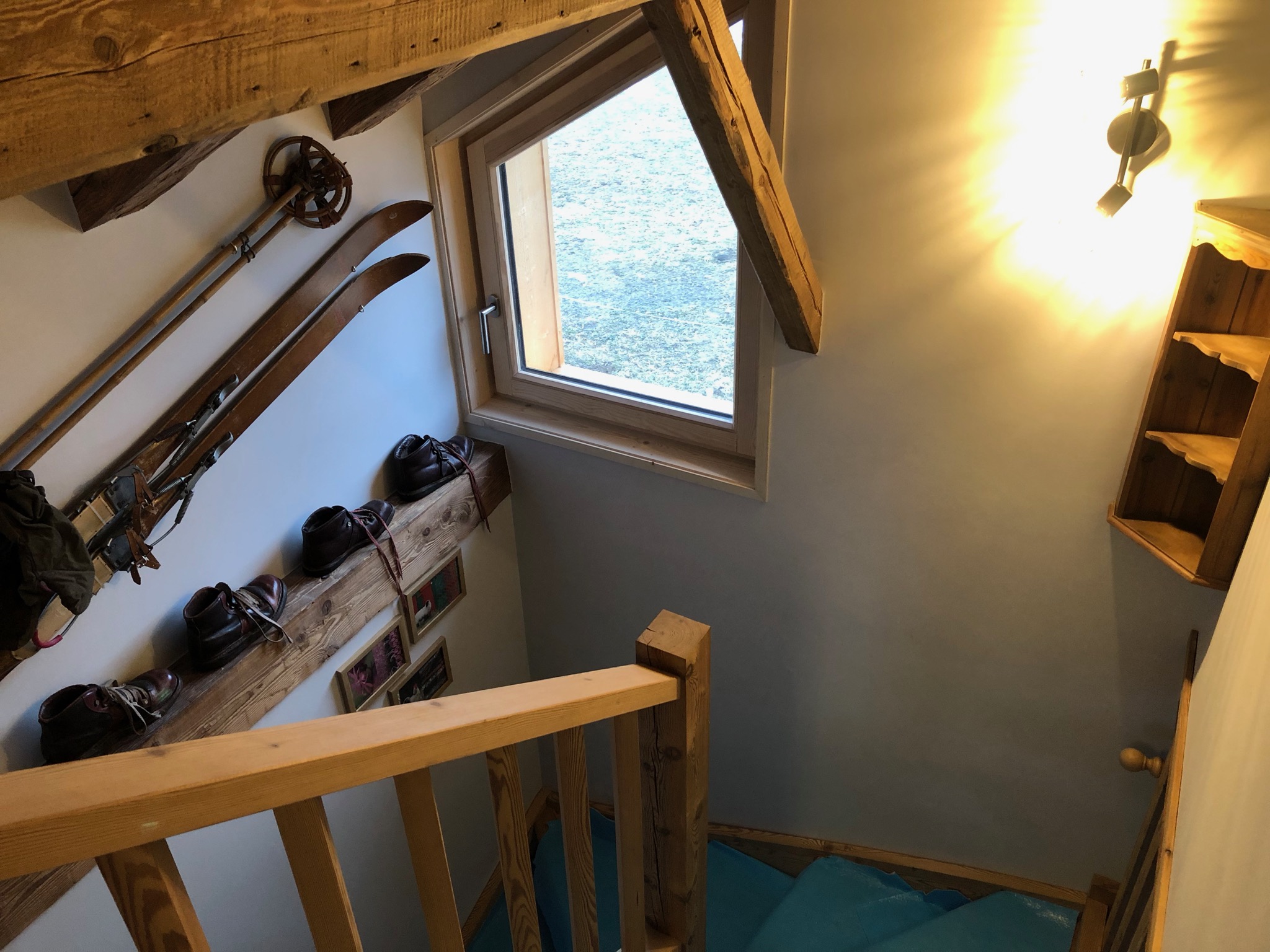 Open Wooden Stairs with Vintage Skis